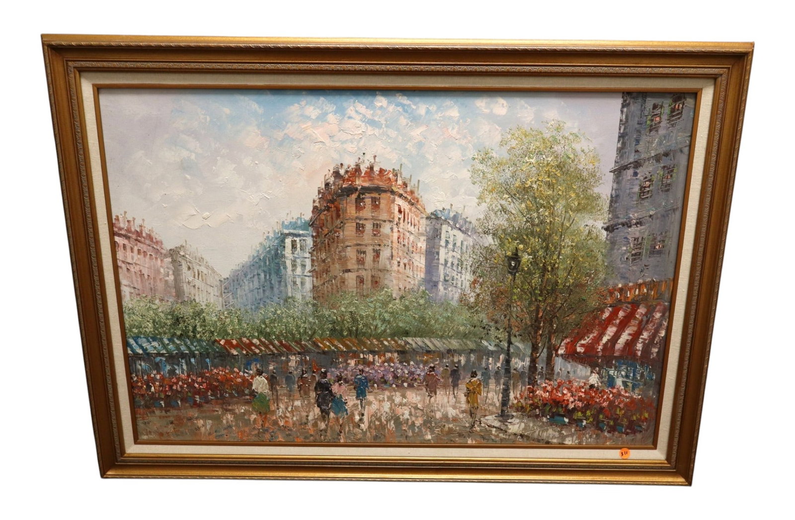 Paris Flower Market Impressionist Oil Painting Art: Original oil on canvas matted and framed, structurally sound and in good condition with no noticeable issues. Frame 29"h x 41"w