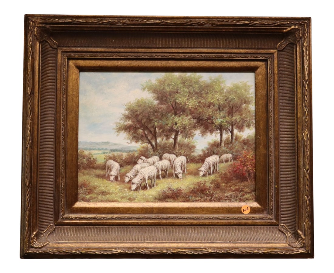 H.Assteyn Original Sheep Landscape Oil Painting: Artist signed oil on canvas of sheep framed, structurally sound and in good condition with no noticeable issues. Frame 20"h x 24"w x 2.75"d