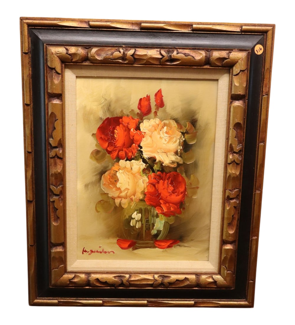 MCM Floral Still Life Oil Painting, Signed Anheuser: A classic mid-century modern oil on canvas still life featuring a vibrant bouquet of red and cream roses in a glass vase is signed "Anheuser" in its original, heavy vintage carved wooden frame with a 