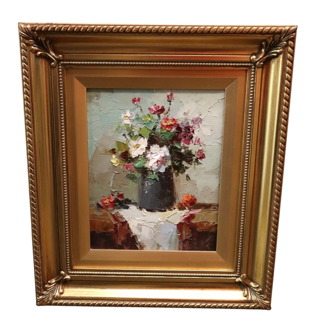 Contemporary Expressionist Floral Impasto Oil Painting: A contemporary expressionist floral still life oil painting on canvas, featuring heavily textured impasto palette knife work depicting a vibrant bouquet in a dark vase in heavily carved metallic gold 