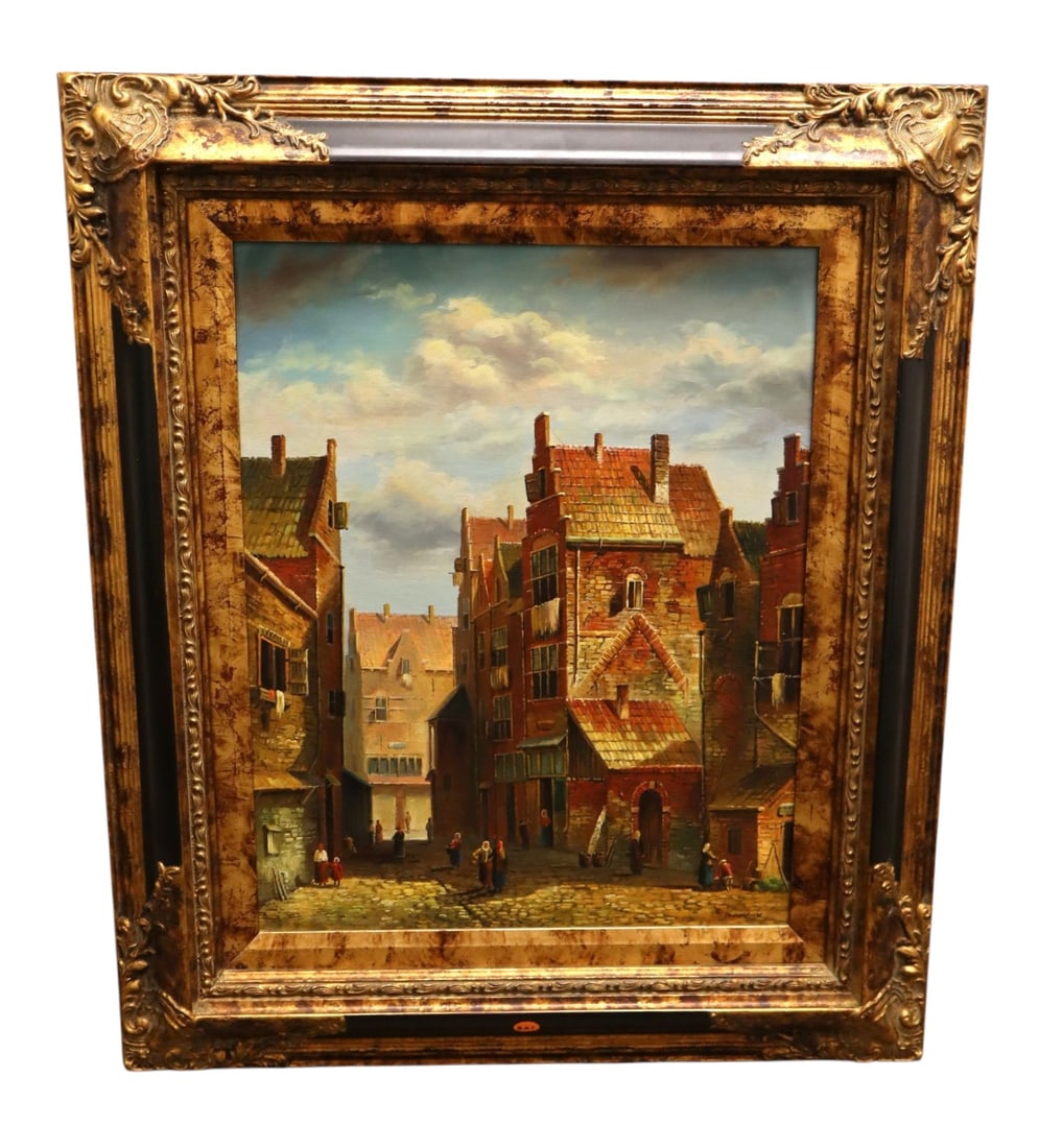 A.Moreau Dutch Street Scene Giclee Art Framed: Signed giclee oil on board in a beautiful two tone frame, structurally sound and in good condition with no noticeable issues. Frame 27.5"h x 24"w