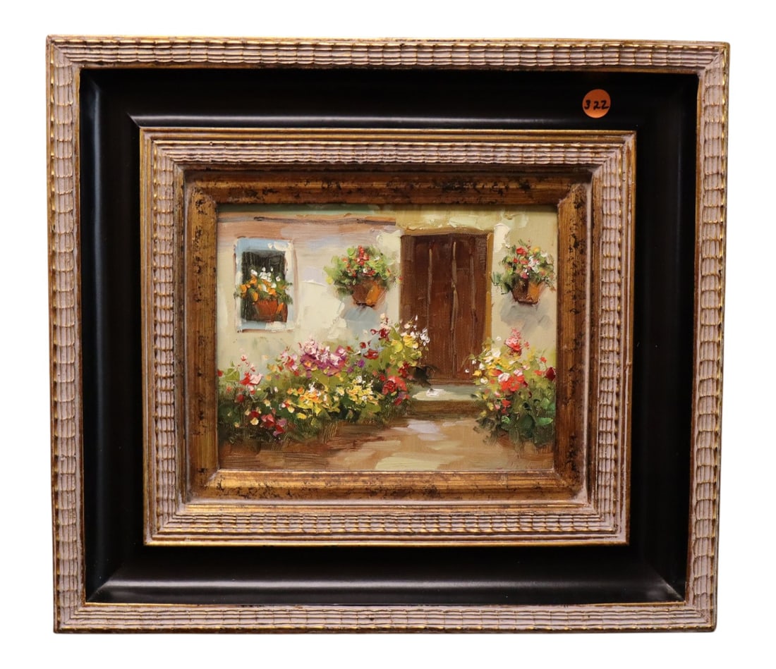 Mediterranean Courtyard Floral Oil Painting Framed: Hand painted oil on canvas in fancy two tone frame, structurally sound and in good condition with no noticeable issues. Frame 16"h x 18"w