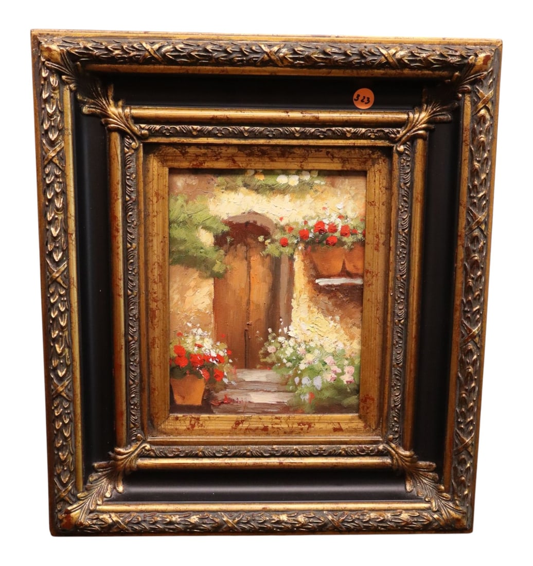 Tuscan Courtyard Floral Oil Painting Art Framed: Hand painted oil on canvas in fancy two tone frame, structurally sound and in good condition with no noticeable issues. Frame 18.5"h x 16.5"