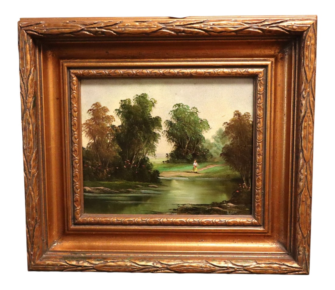 R.Nilsen River Landscape Giclee Painting Framed: Signed oil on canvas giclee in carved frame, structurally sound and in good condition with no noticeable issues. Frame 15"h x 16"w
