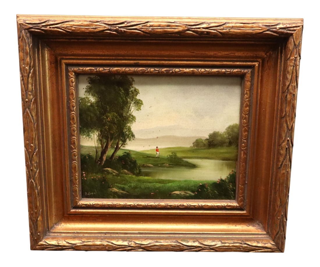 R.Nilsen River Landscape Giclee Painting Framed: Signed oil on canvas giclee in carved frame, structurally sound and in good condition with no noticeable issues. Frame 15"h x 16"w