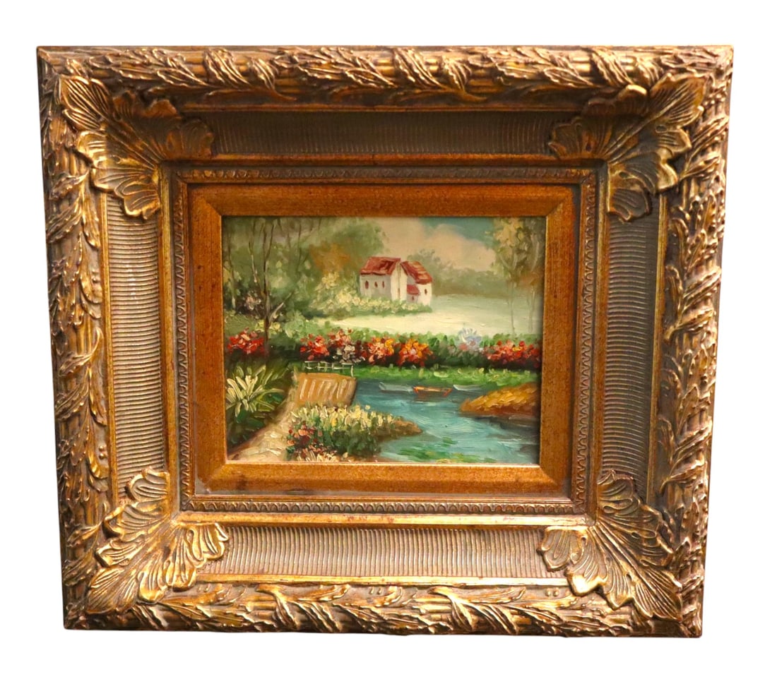 Impressionist-style landscape oil painting on board: Beautifully framed oil on board, structurally sound and in good condition with no noticeable issues. Frame 17"h x 19"w x 3"d