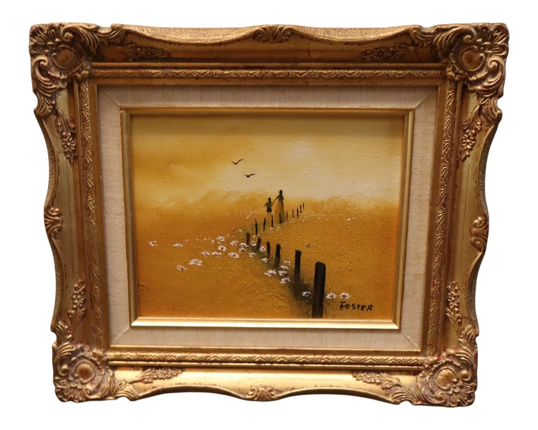 Foster artist sg. Oil on Canvas "The Days Gone By": Artist signed oil on canvas in carved framed, structurally sound and in good condition with no noticeable issues. Frame 13.5"h x 15.5"w