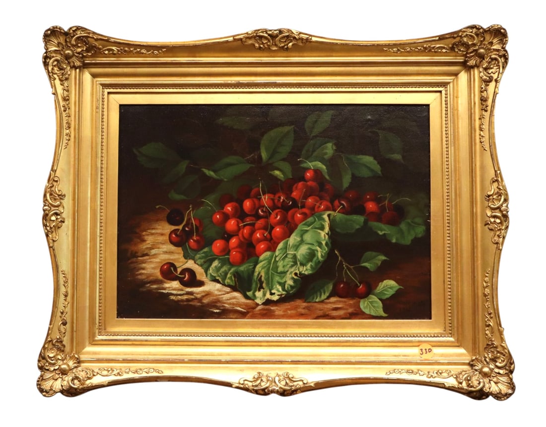 Antique Fruit Still Life Cherries Oil Painting: Vintage still life oil on canvas giclee in nice fancy carved gold gilt frame, structurally sound and in good condition with no noticeable issues. Frame 18.5"h x 23.5"w