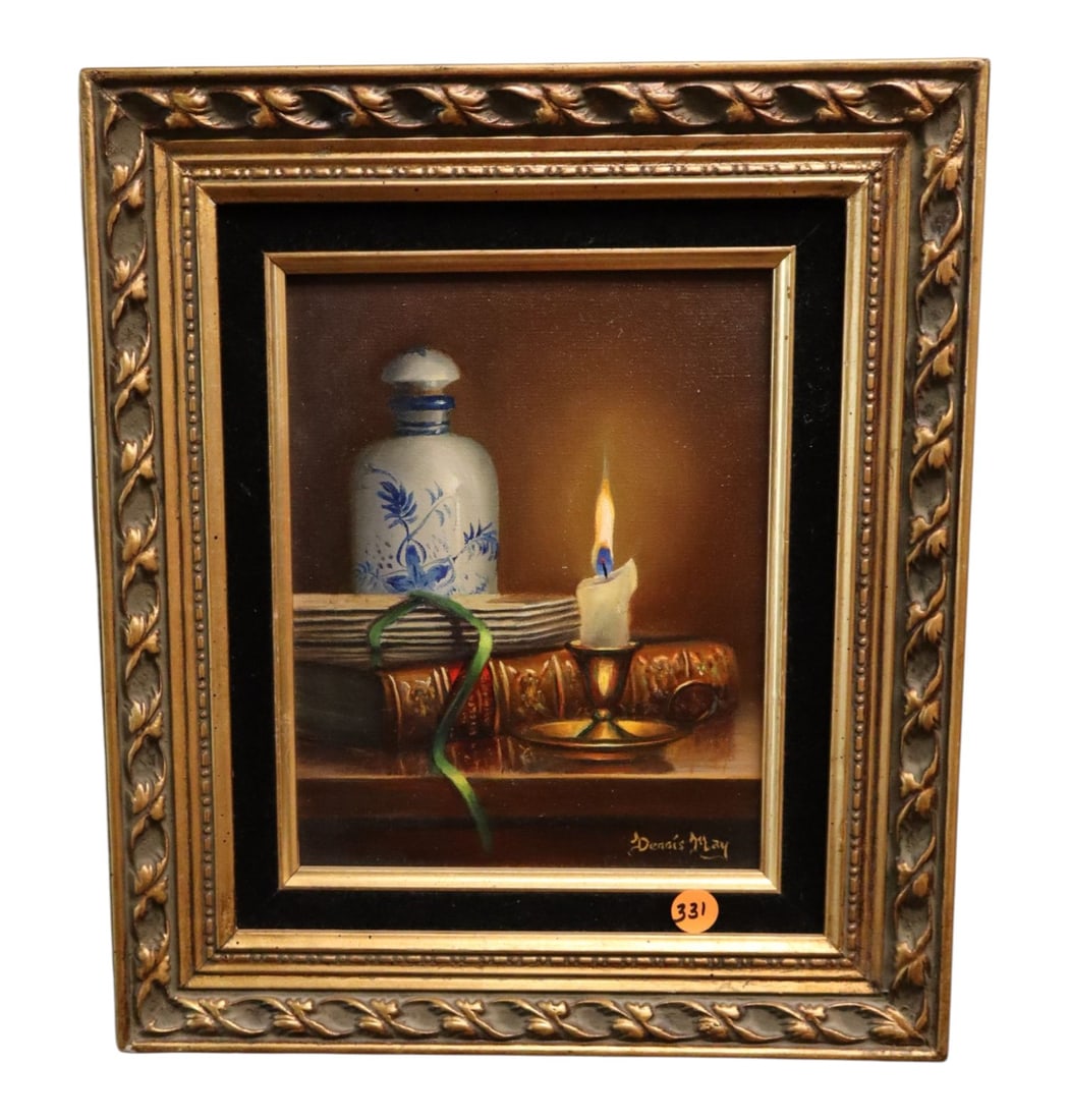 Dennis May Still Life Candle Oil on Board Painting: Vintage signed oil on board giclee in frame, structurally sound and in good condition with no noticeable issues. Frame 15.5"h x 13.5"w