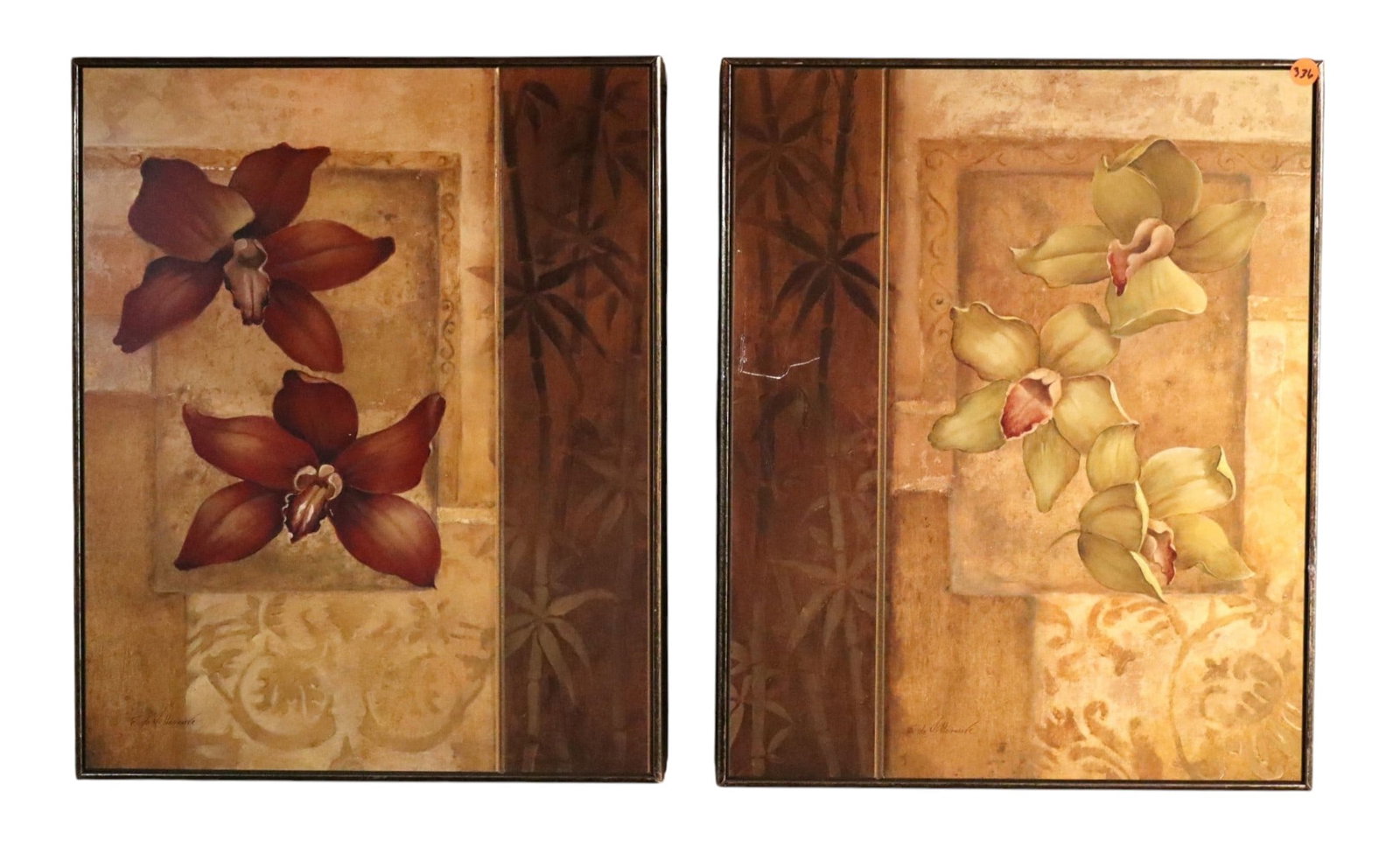 PR Asian insp. floral sg artwork decorative plaques: Pair of Asian inspired floral signed artwork decorative plaques, structurally sound and in good condition with no noticeable issues. Frames 20.25"h x 16.5"w
