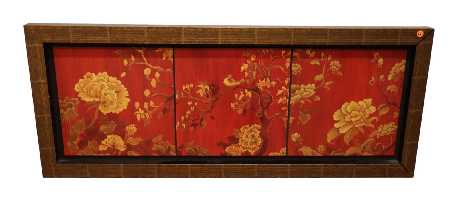 Asian Inspired 3-Panel Chinoiserie Wall Plaque: Asian inspired decorative wall plaque, structurally sound and in good condition with no noticeable issues. Frame 19"h x 46"w