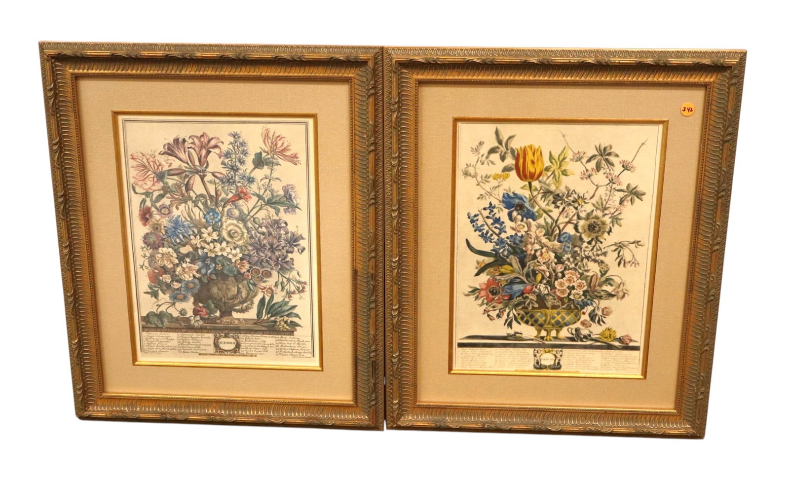 Pair Robert Furber Twelve Months of Flowers Prints: A beautiful pair of vintage Robert Furber botanical prints from his famous "Twelve Months of Flowers" collection, featuring "February" and "October" with their classic numbered floral keys. Both are s