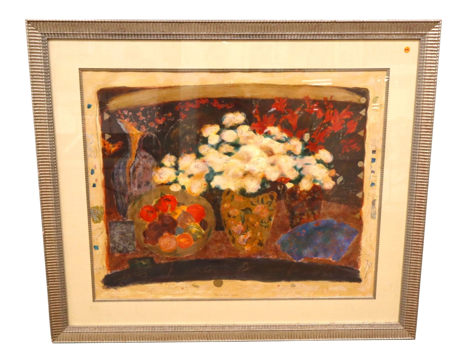 Signed Ltd Ed AP "Red and White Flowers" Print: An oversized, limited-edition Artist?s Proof print titled "Red and White Flowers" featuring a vibrant Post-Impressionist still life with bouquets, fruit, and a decorative fan. Hand-signed in pencil an