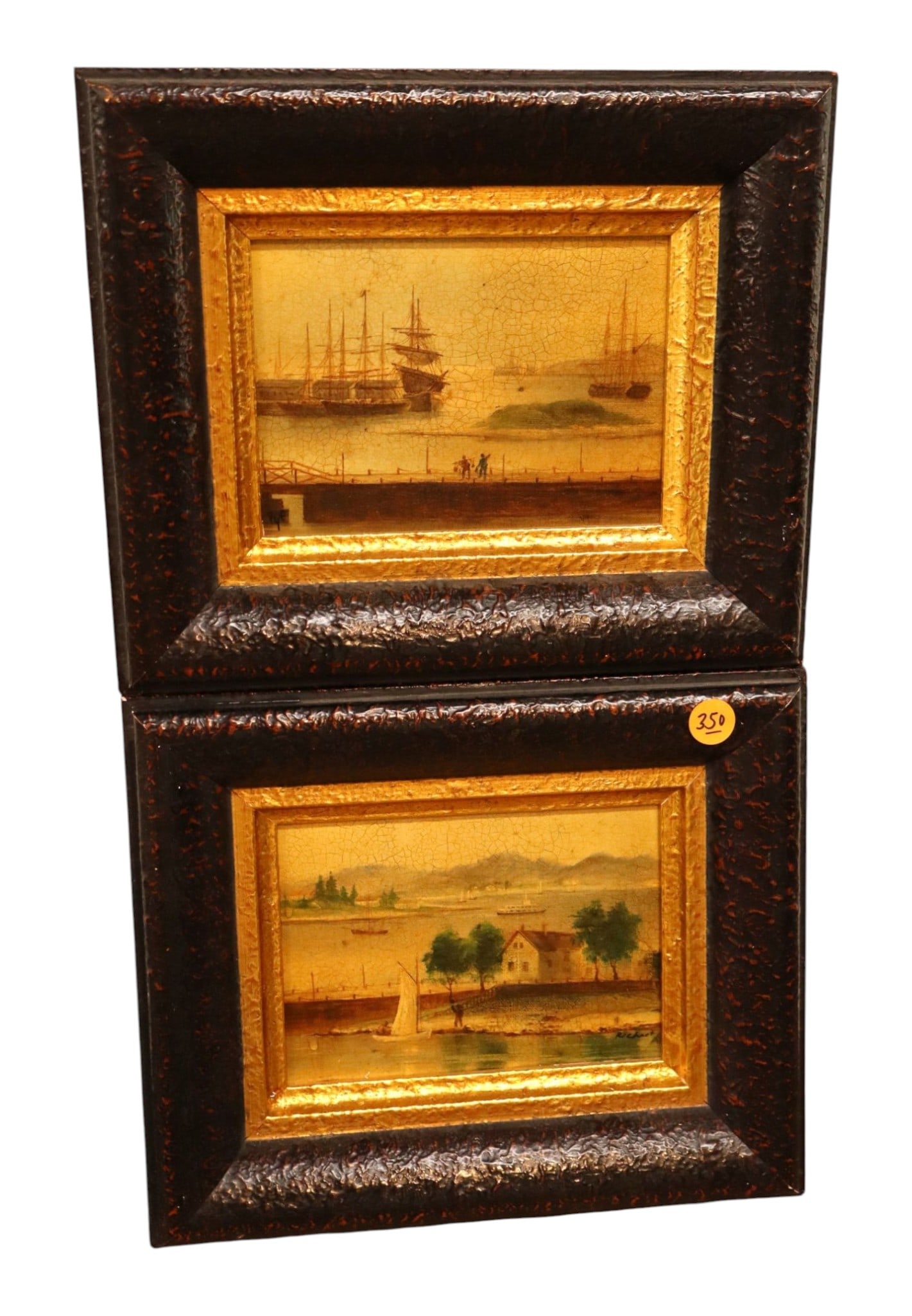 Pair Antique Maritime Miniature Framed Oil Paintings: PR antique maritime giclee oil paintings on canvas depicting historic 19th-century harbor and shoreline scenes with tall sailing ships., housed in identical deep-profile black frames with gold gilt in