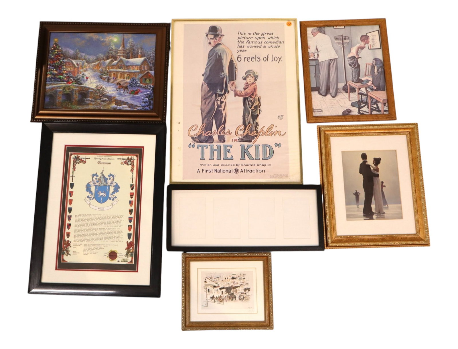 Lot 7 Framed Art Prints Chaplin Rockwell Vettriano: This is a collection of seven separate framed decorative prints and wall plaques, including movie memorabilia, classic illustrations, and modern accent prints in various sizes, structurally sound and 