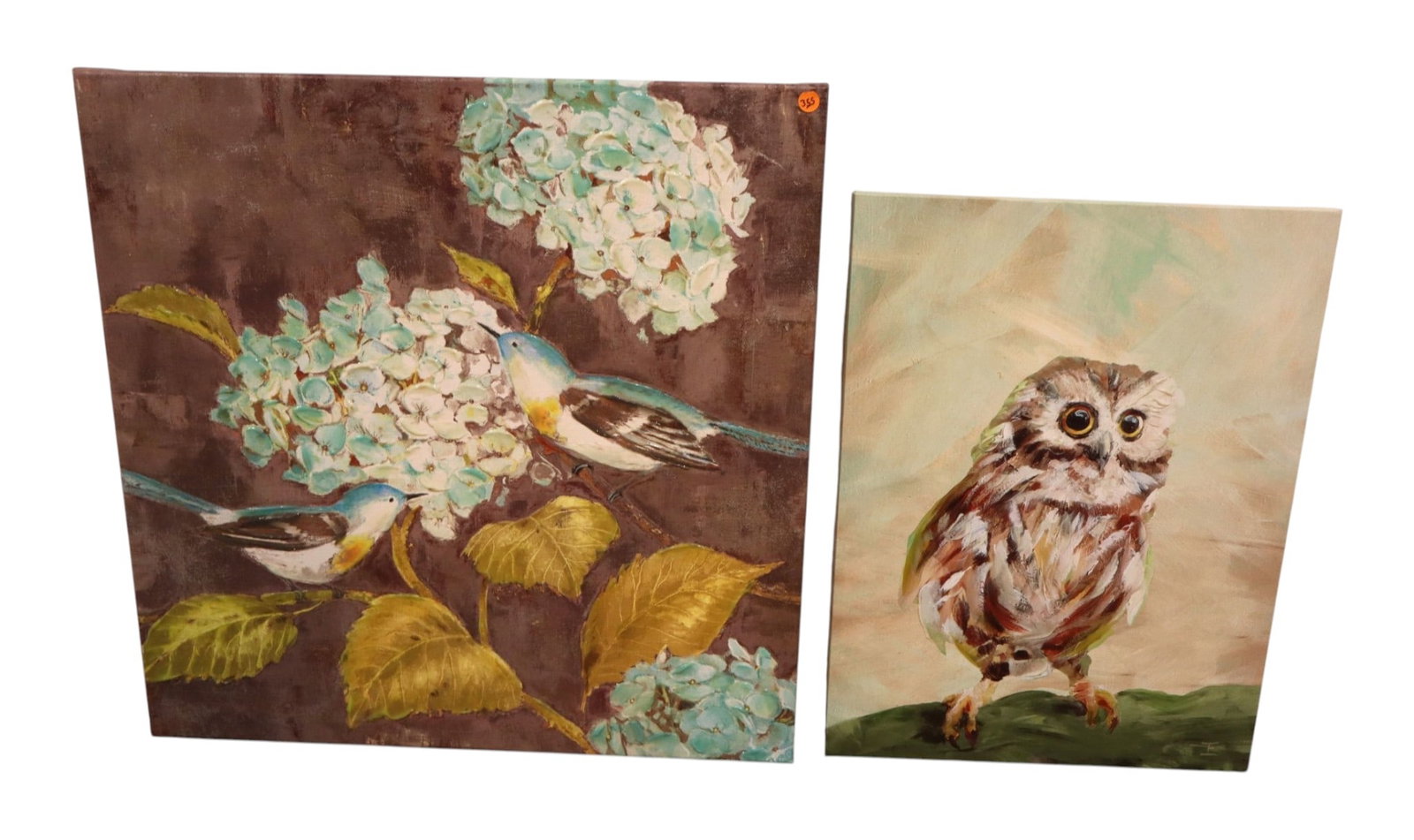 Wrapped oil on Canvases Owl & Birds/Flowers: 2 gallery-wrapped oil on canvas paintings of Owl and Birds/Flowers, no issues seen. Flowers 27.5"h x 27.5"w. Owl 23.5"h x 18"w.