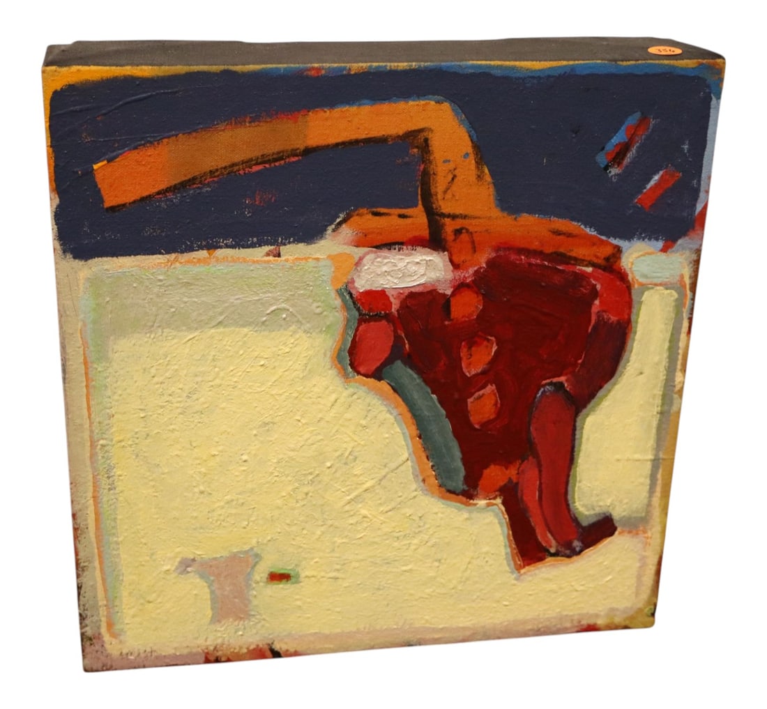 Patrick Webster Original Canvas Art Ready To Fly: Original Patrick Webster 2002 abstract acrylic canvas titled "All Dressed Up and Ready to Fly." This textured expressionistic work in cream, red, and navy includes a Cuttress Gallery Certificate of Au