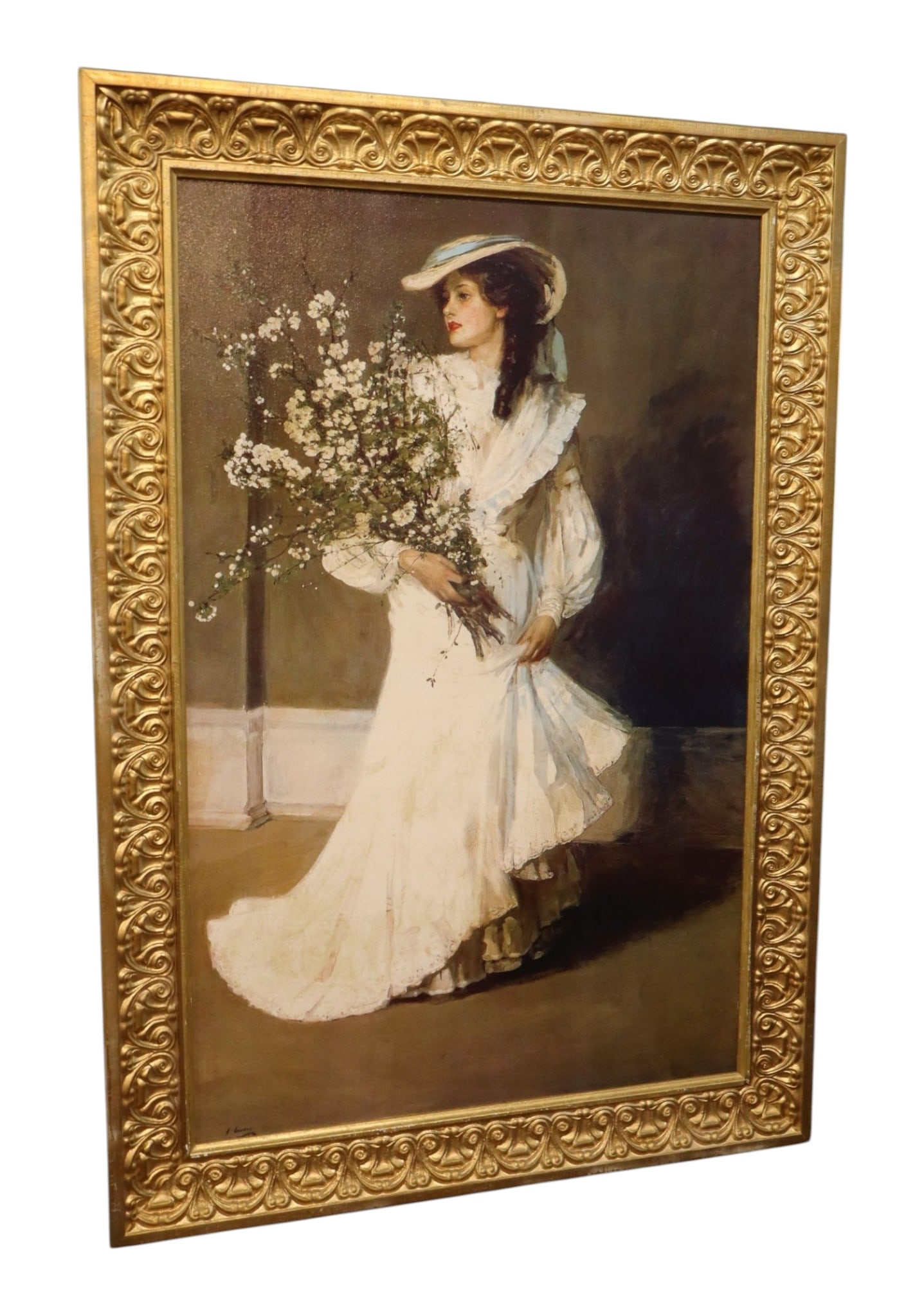 Sir John Lavery Spring Framed Canvas Giclee Print: Sir John Lavery Spring canvas giclee print. The elegant Belle Epoque artwork features a woman in a white dress with a floral bouquet, bearing a replica signature in carved gold wood frame, structurall