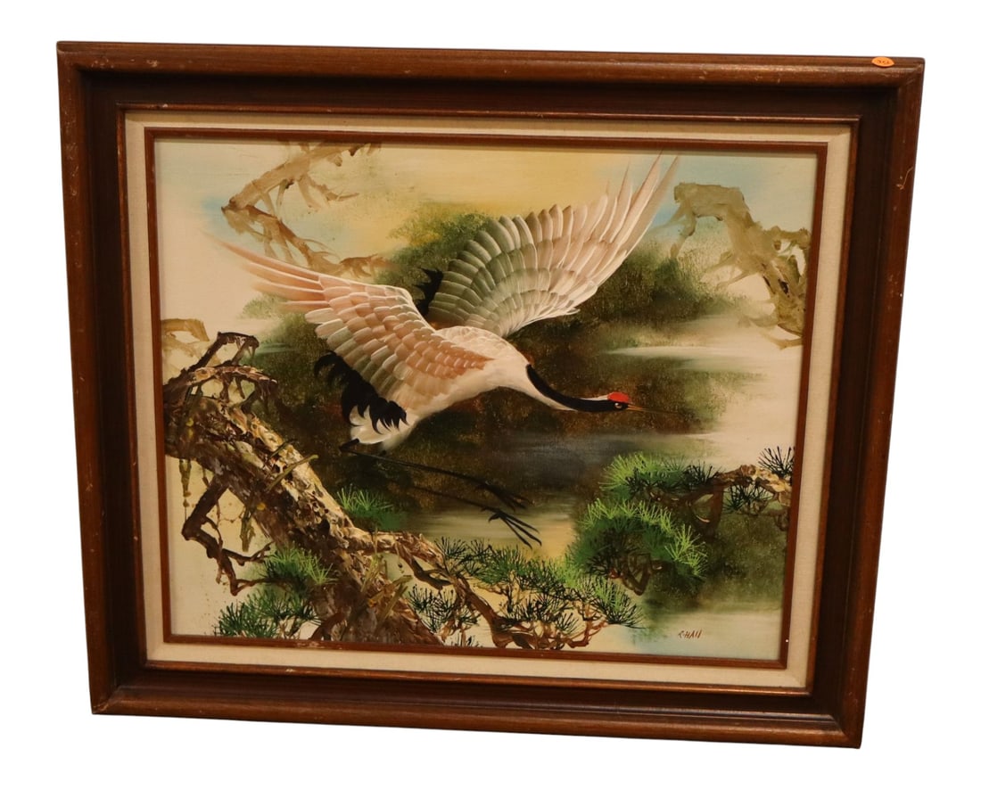 R.Hall Signed Asian Crane Framed Oil Painting: Vintage mid-century oil on canvas painting by artist R. Hall, capturing a dramatic, stylized Asian red-crowned crane in mid-flight over a serene marsh landscape filled with textured pine boughs, struc