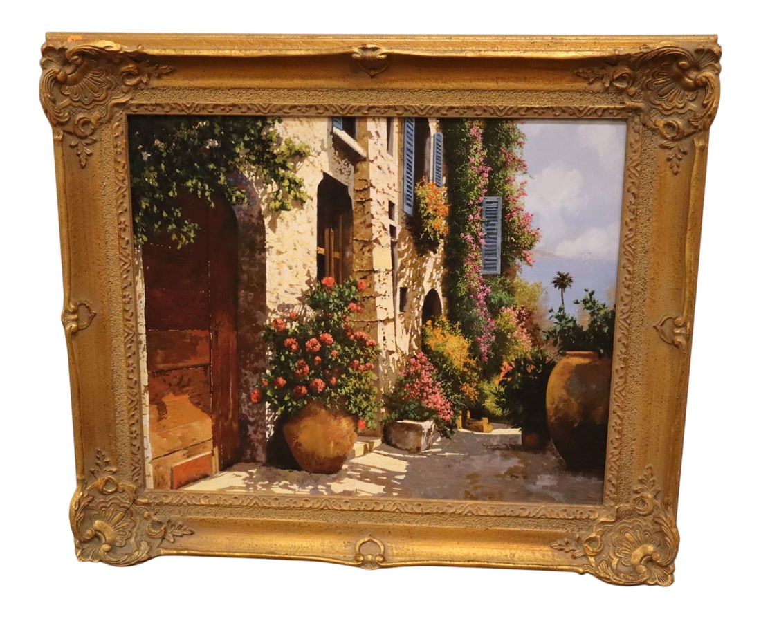 Guido Borelli La Bella Strada Signed Canvas Giclee: A beautiful hand-signed canvas giclee titled "La Bella Strada" by Italian artist Guido Borelli, capturing a sun-drenched Mediterranean street with vibrant floral urns and blue shutters in a deeply car