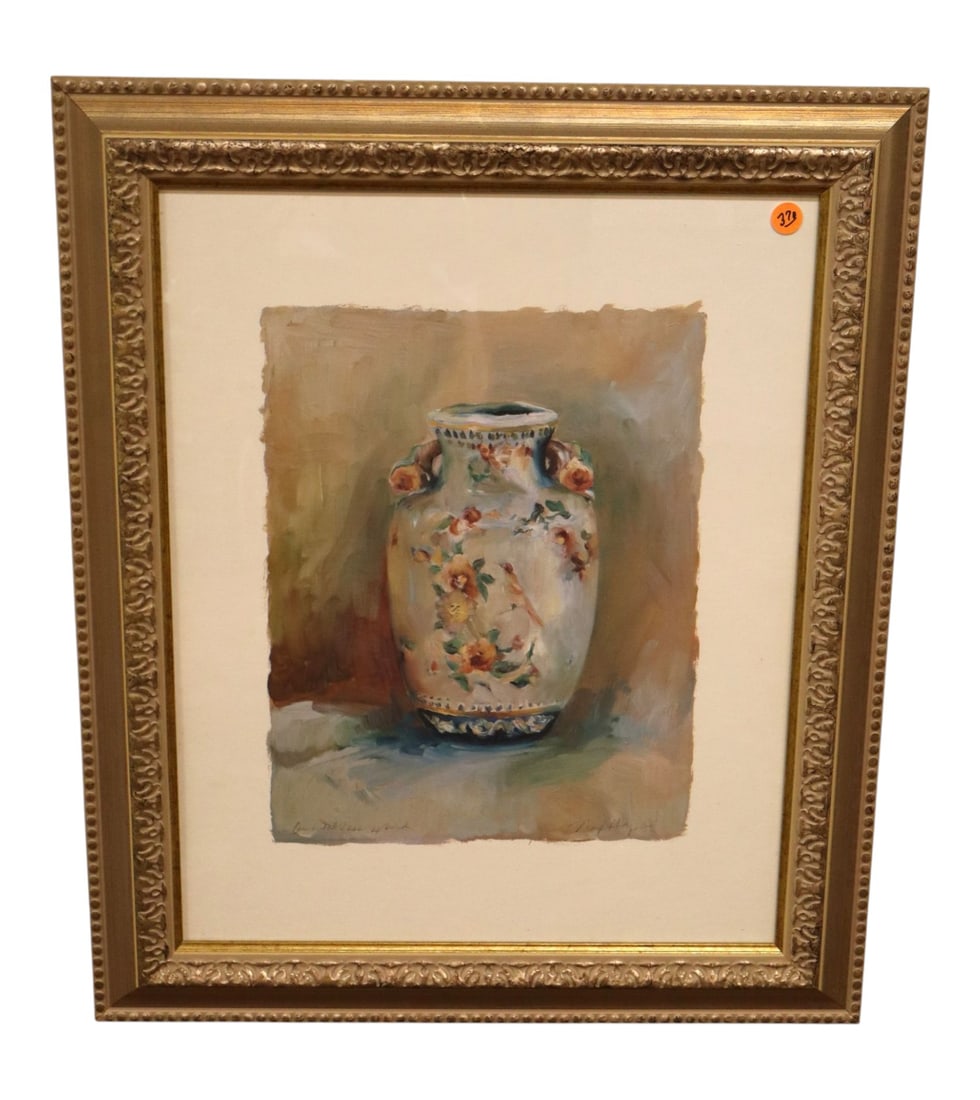 Signed Oriental Vase w/ Bird Framed Art Print: Watercolor style print Signed Oriental Vase w/ Bird Framed Art Print, structurally sound and in good condition with no noticeable issues. Frame 24.5"h x 20.5"w