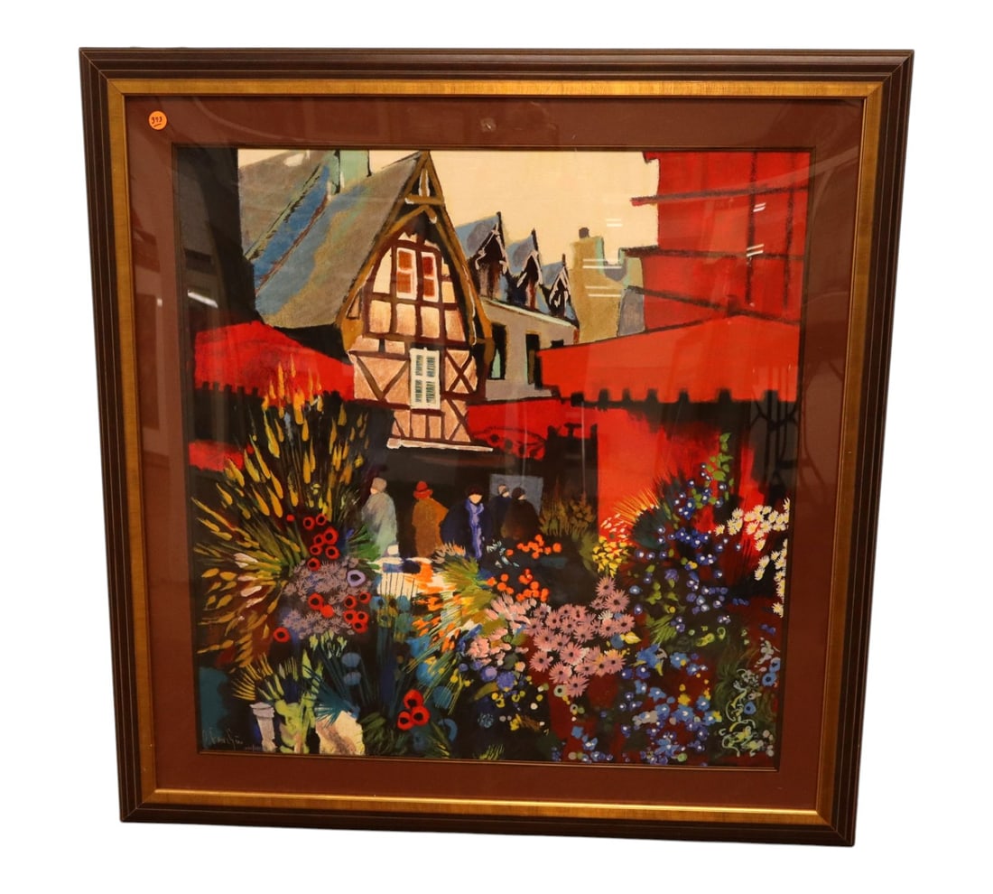 Claude Fauchere Signed Serigraph Symphony of Flowers: Limited-edition serigraph titled A Symphony of Flowers by French master Claude Fauchere. The vibrant Expressionist street scene depicts a European flower market by a classic half-timbered building. Th