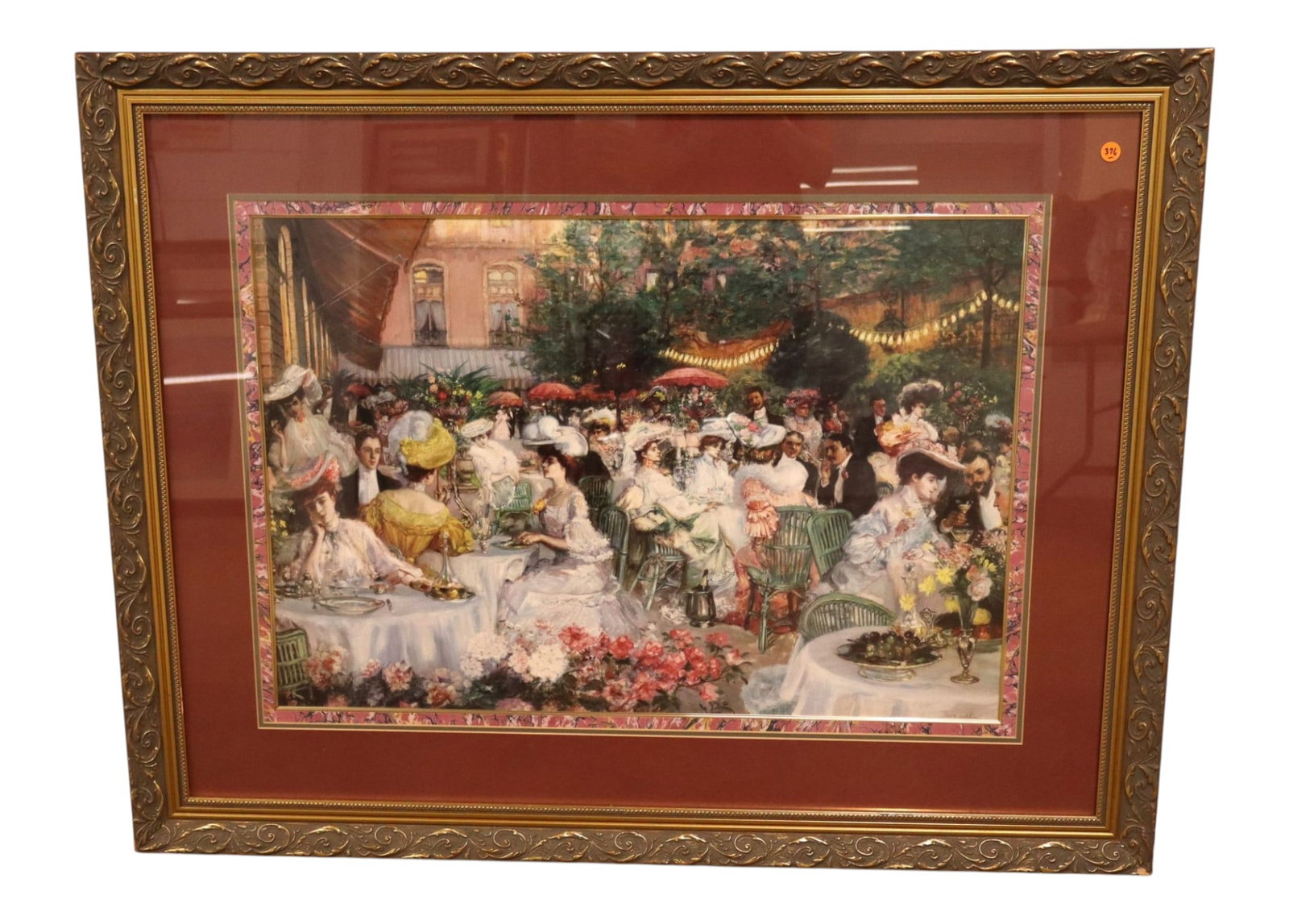 Vanguard Studios Large Framed Jeanniot Art Print: Vintage over-size decorative art print titled Le Cafe de la Paix after the original 19th-century Belle Epoque oil masterpiece by celebrated French Impressionist painter Georges Jeanniot (1848?1934) in