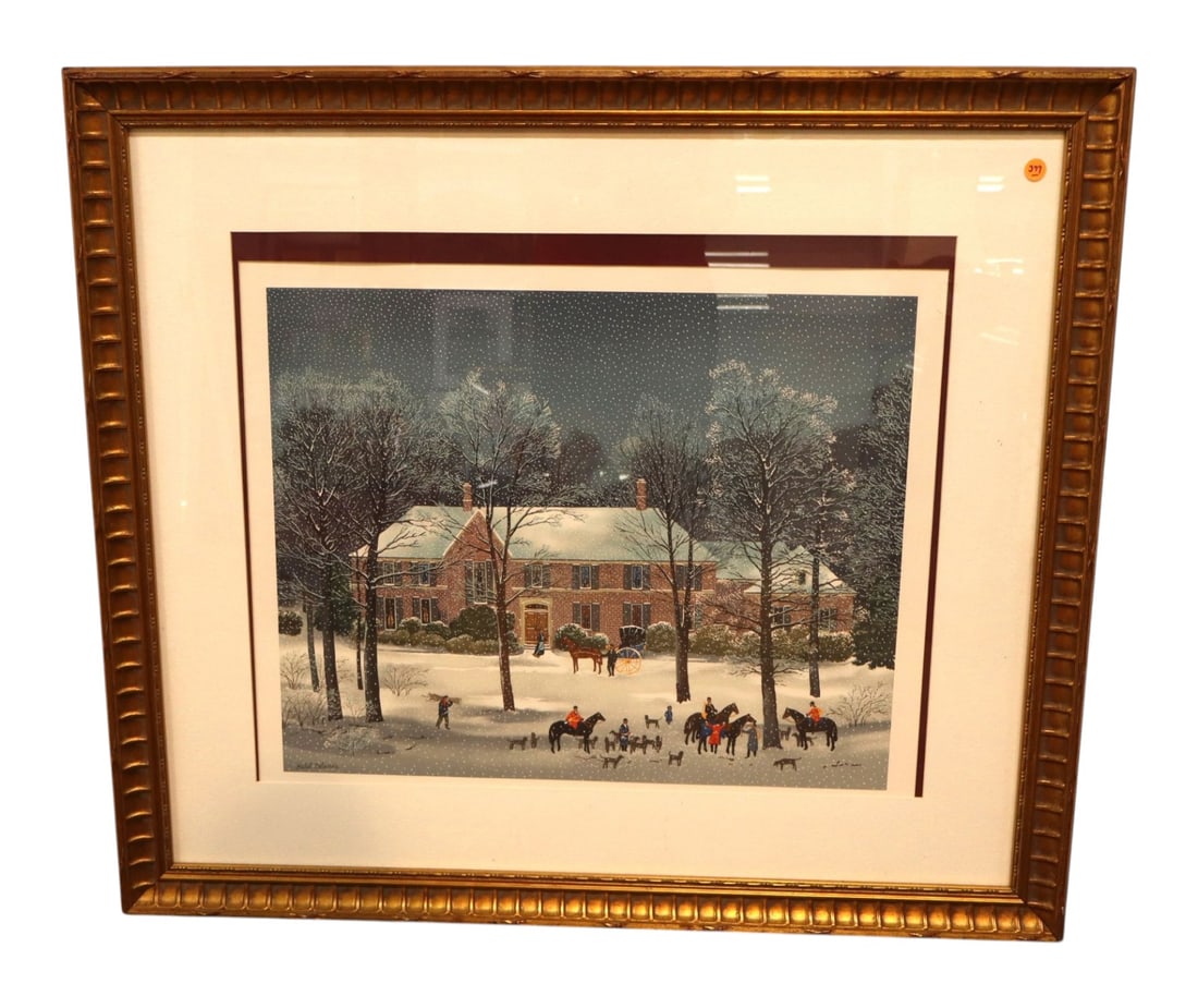 Michel Delacroix La Chasse D'hiver Framed Art: A beautiful vintage lithograph titled "La Chasse D'hiver" by French master Michel Delacroix, scene captures a winter horse and carriage gathering outside a snow-covered country manor, signed in the pl