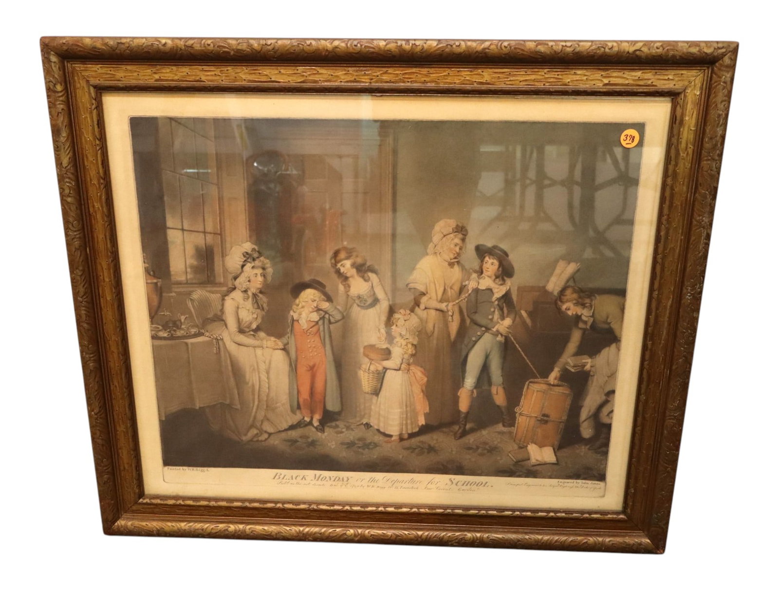 Antique 1790 Bigg Black Monday Print Engraving Frame: Antique 1790 hand-colored mezzotint print of engraving titled Black Monday or the Departure for School a poignant image captures an emotional family bidding farewell to two young boys leaving for boar
