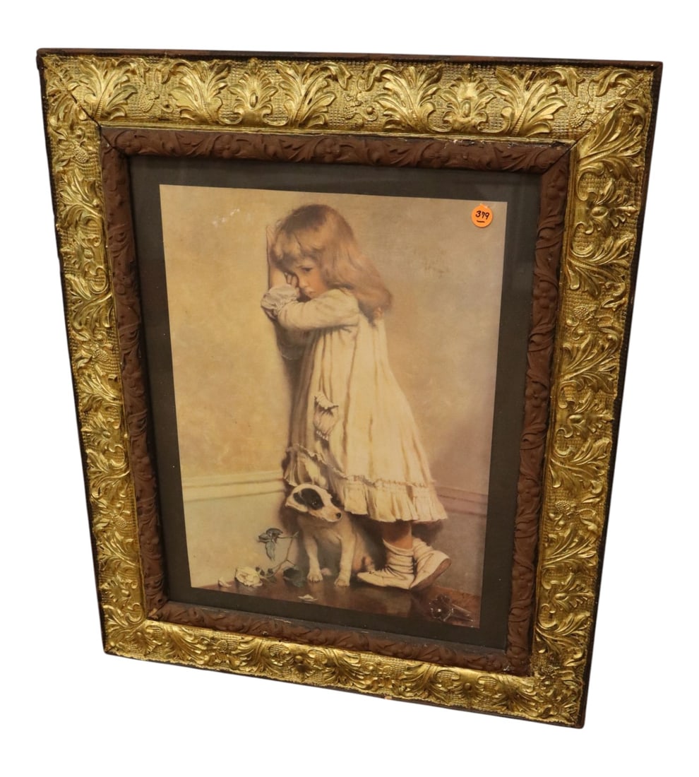 Vintage Barber In Disgrace Carved Framed Art Print: A beautiful vintage print of Charles Burton Barber's 1885 Victorian masterwork "In Disgrace," portraying a young girl in a corner accompanied by her loyal terrier puppy in double-matted heavily carved