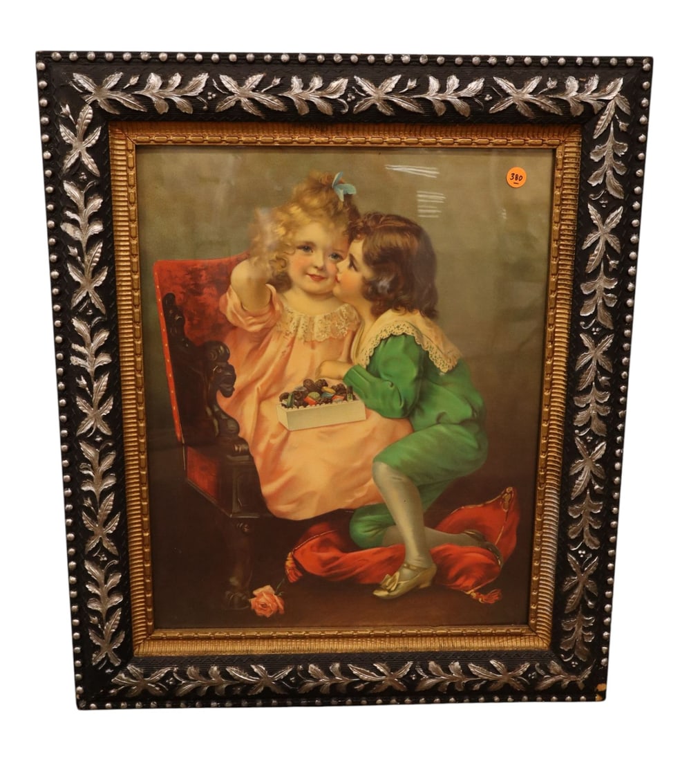 Classic Victorian-style lithograph offset print: Classic Victorian-style lithograph offset print depicting two innocent children in antique frame, structurally sound and in good condition with no noticeable issues. Frame 26.5"h x 22"w
