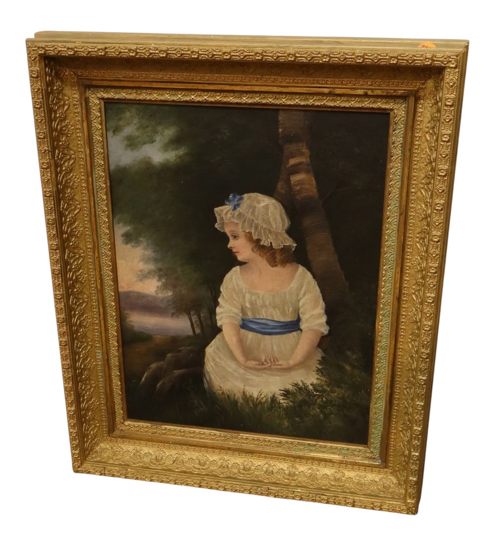 Antique Joshua Reynolds Penelope Boothby Oil Painting: 19th-century oil painting after Sir Joshua Reynolds? iconic 1788 portrait, Penelope Boothby.Replicates the young girl in a classic white dress, large mob cap bonnet, and blue sash against a woodland l