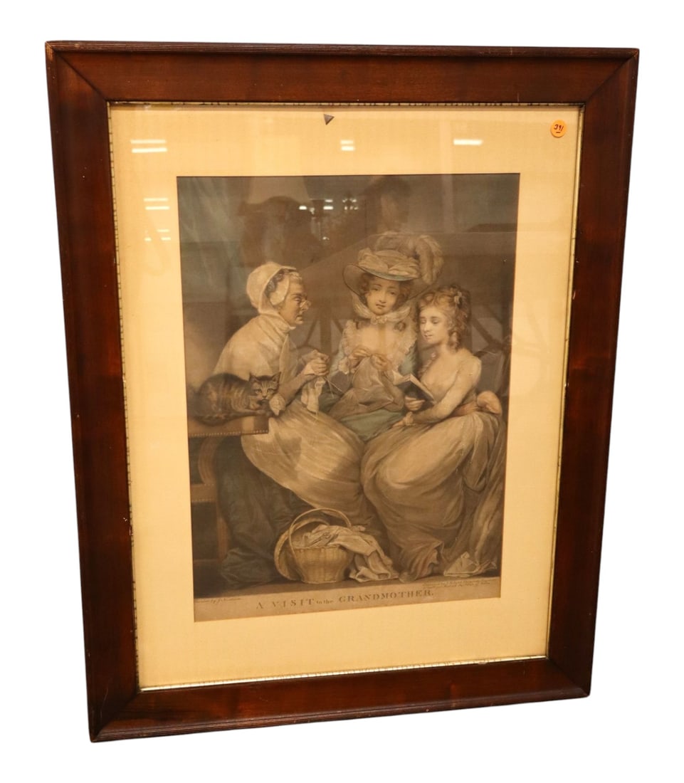 Antique A Visit To The Grandmother Northcote Print: Antique reproduction print of "A Visit to the Grandmother" after James Northcote, engraved by J.R. Smith. Sentimental 18th-C. British genre scene in a wide, classic dark wood frame., structurally soun