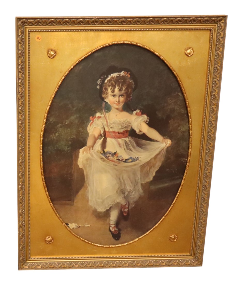 Antique Miss Murray Thomas Lawrence Portrait Frame: Antique framed portrait print of "Miss Murray" after Sir Thomas Lawrence. Features an elegant gold-gilt mat with an oval window opening, housed inside an ornate repeating scroll motif gilt frame, stru