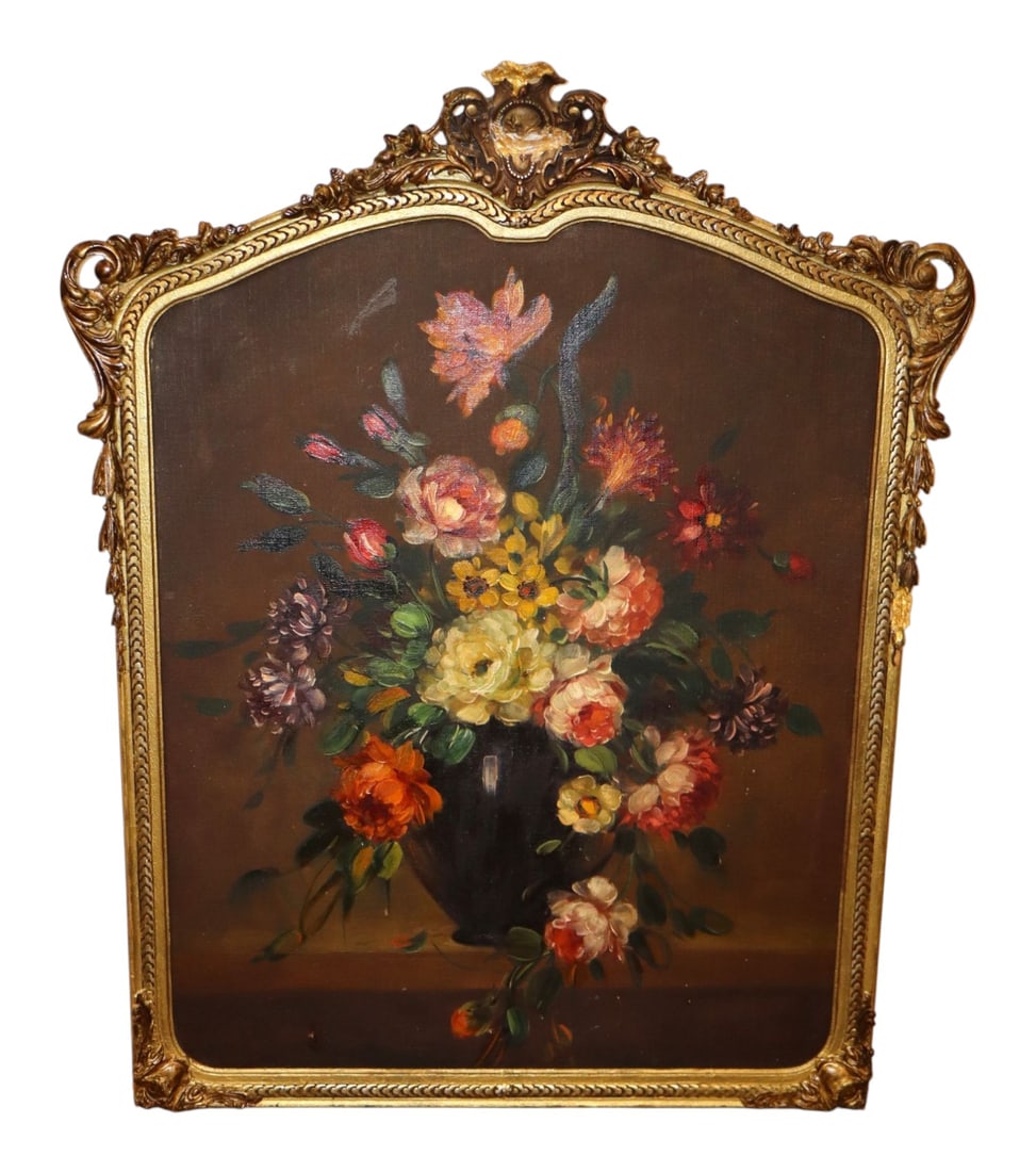 Antique Floral Still Life Oil Painting Gilt Frame: Antique Dutch style oil on board floral still life painting. Housed in a Louis XV style arched gilt gesso frame showing various historic repairs and stabilizer touch-ups to the ornate crest but struct