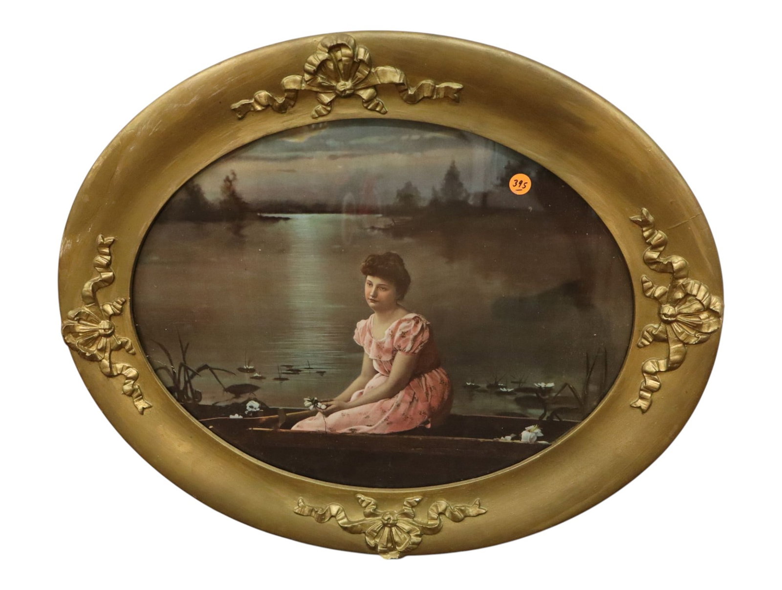 Antique Oval Victorian Print Boat Lily Pads Wavy Glass (1 of 4)