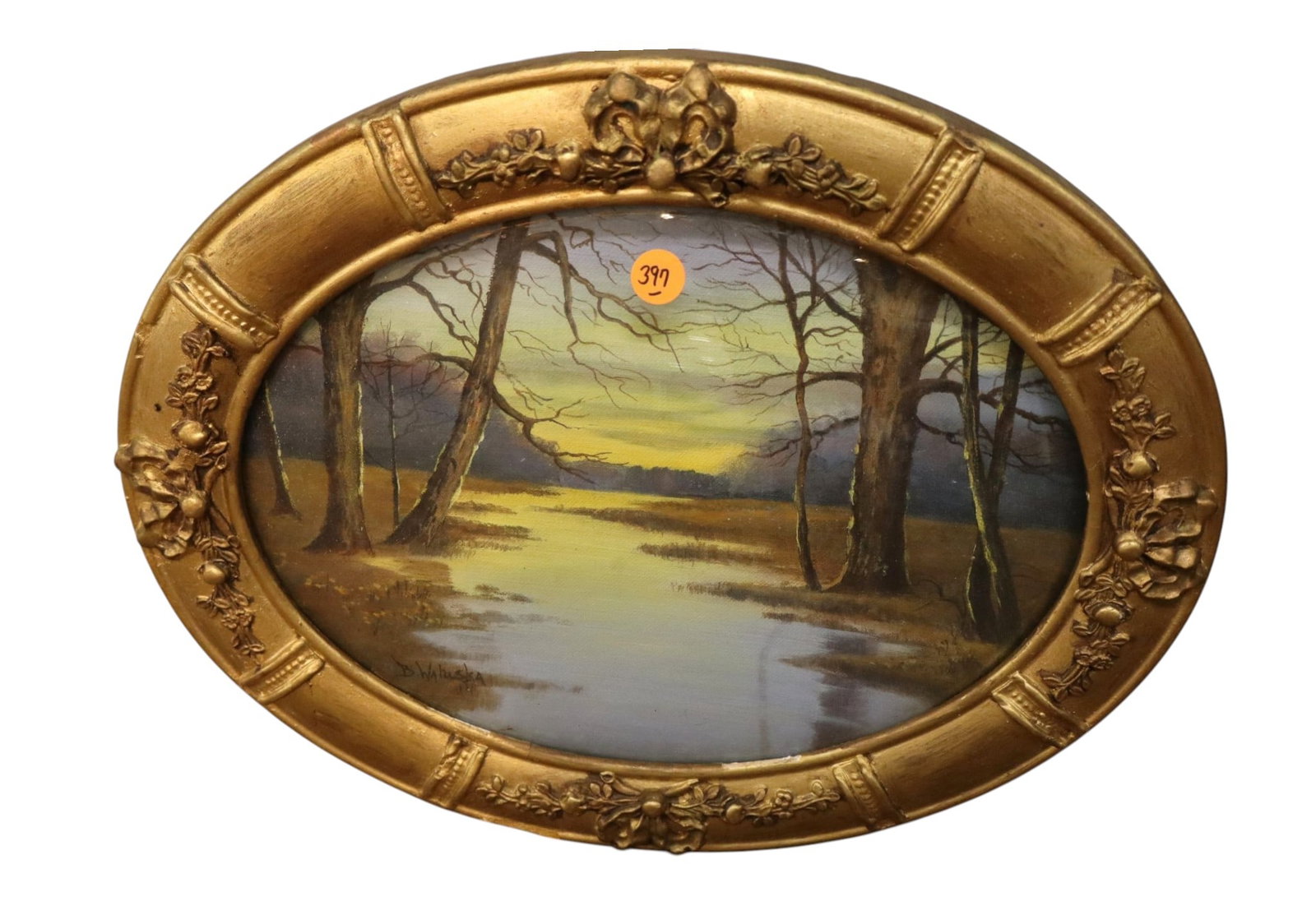Antique signed Victorian oval print with convex glass: Antique signed Victorian oval print with convex glass, structurally sound and in good condition with no noticeable issues. Frame 14"h x 17"w