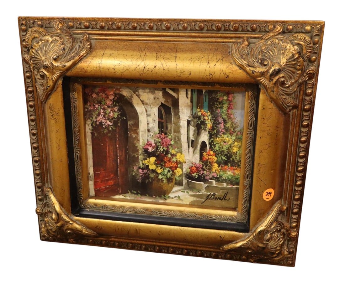 Guido Borelli I Fiori Signed Canvas Giclee Frame: Guido Borelli "I Fiori" hand-signed giclee on canvas. Distributed by Marlin Art. Vibrant Italian courtyard scene housed in an exceptionally thick, ornate gold-gilt acanthus corner frame., structurally