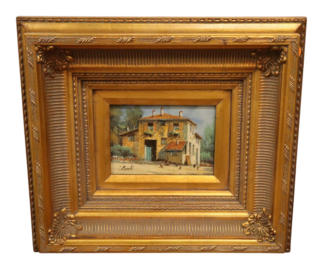 Guido Borelli Il Campagna Original Oil Painting: Original Guido Borelli oil on board painting giclee titled "Il Campagna." Depicts a rustic Italian farmhouse courtyard. Housed in a deeply recessed, premium gold-gilt gallery frame with ornate corners