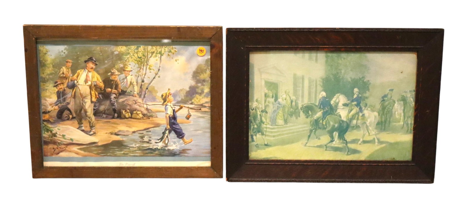 Lot 2 Vintage Hy Hintermeister Oak Washington Prints: Group of 2 prints: Hy Hintermeister "The Pay-off" humorous fishing scene in a wood frame, and a Revolutionary era George Washington Mount Vernon arrival scene in a wide tiger oak frame, structurally s