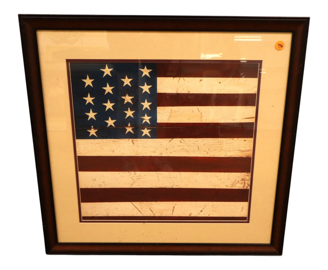 Warren Kimble Colonial Flag Folk Art Litho Framed: Warren Kimble "Colonial Flag" folk art offset lithograph print. Features an antiqued Americana flag. Distributed by Ross Galleries. Custom matted in a dark espresso wood frame. structurally sound and 