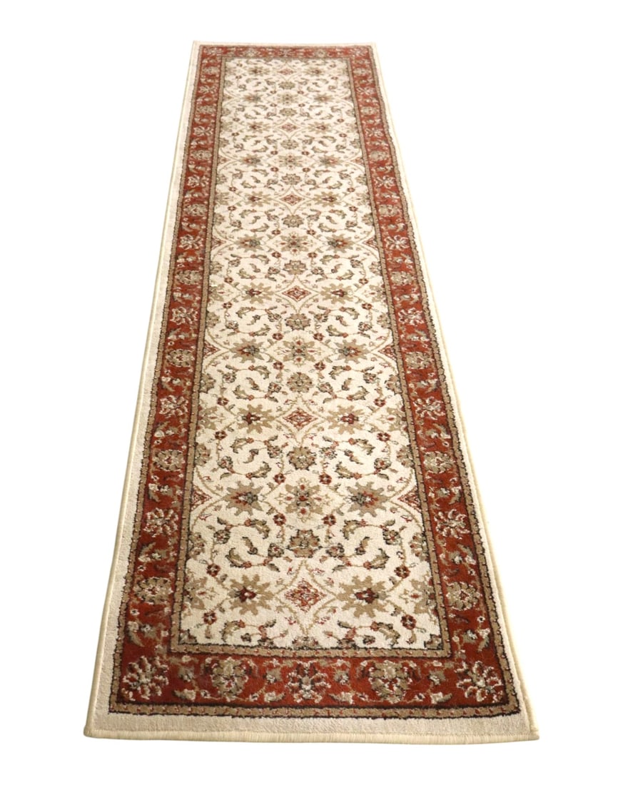 Italian Vienna Polypropylene Runner Rug Ivory 2x8: Italian Radici Tappeti "Vienna" collection power-loomed runner rug. Features a Persian style floral design in ivory and brick red. 100% heat-set polypropylene. Measures 65x230 cm, approx. 2'2"x7'7", 9