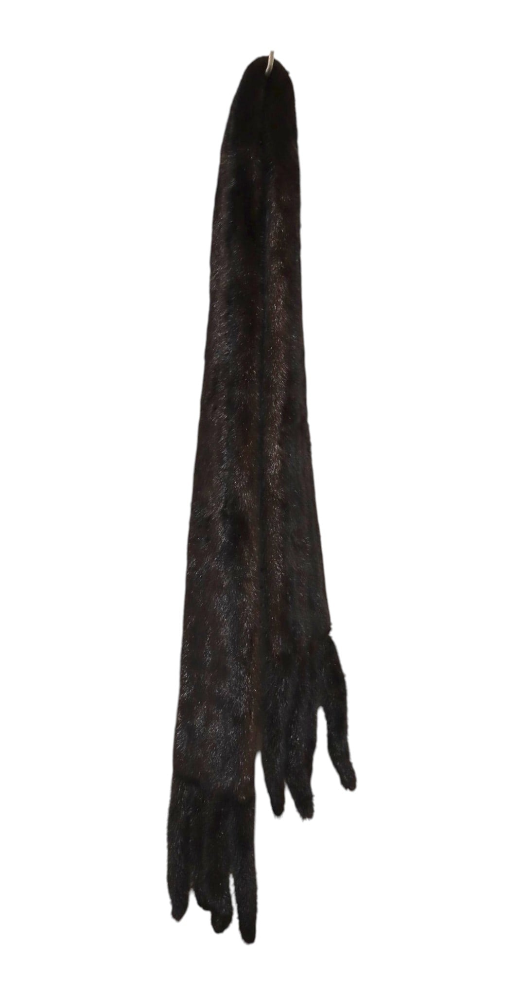 Vintage Genuine Mahogany Mink Fur Multi Tail Scarf: Vintage genuine mahogany mink fur boa scarf. Features a plush let-out pelt design finished on both ends with a fringe of full mink tails. Measures 78"L x 5"W. Excellent gloss and texture.