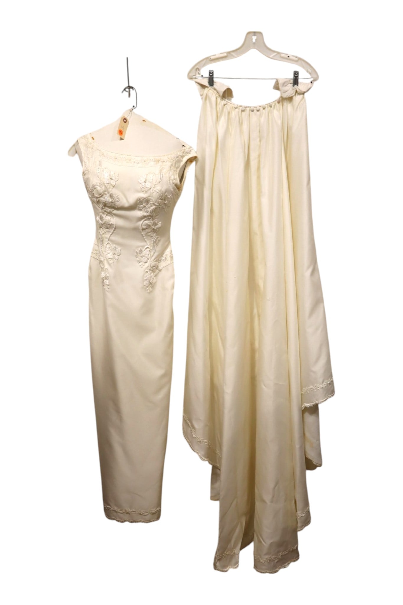 Vintage Ivory Satin Wedding Gown Veil & Lenox Cake Topper: Vintage 2pc ivory satin sheath wedding dress with a detachable pearl-lace cathedral train, tulle veil, bag, and an authentic Lenox 7" porcelain bride & groom cake topper.
