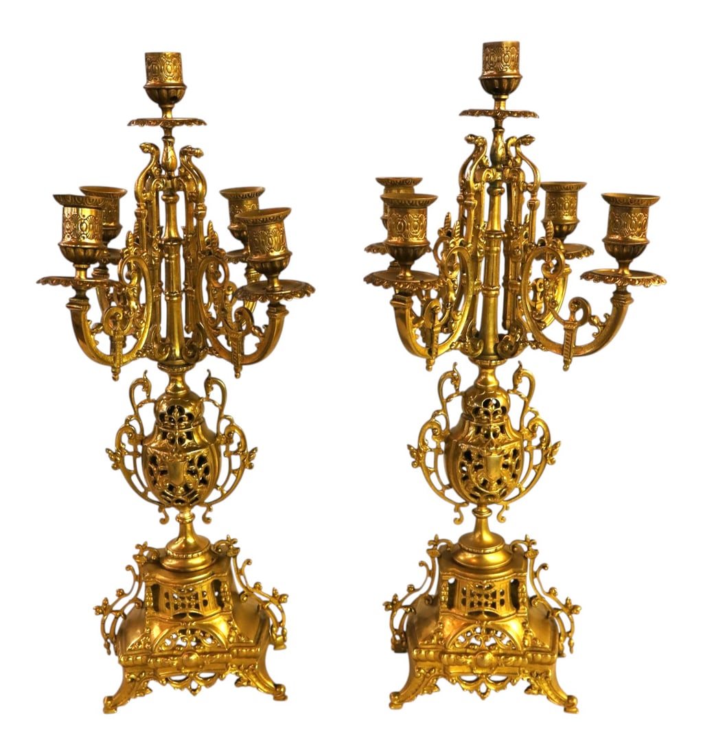 Pair Antique French Brass 5 Light Candelabras 19C: Pair of antique c.1880 French Renaissance Revival 5-light brass candelabras. Detailed openwork pierced urn columns on architectural square plinth scroll bases. Authentic wax candle nozzles. Ea. 20"h x