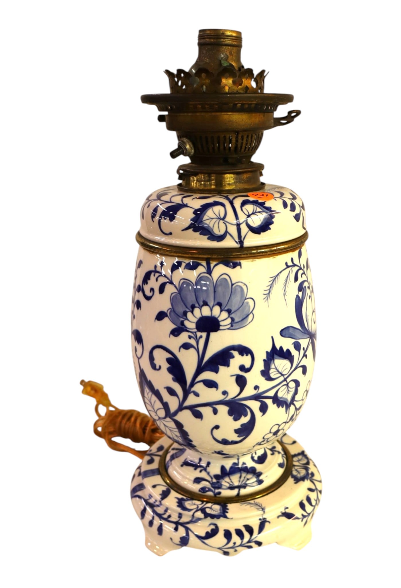 Antique blue & white porcelain oil lamp converted to electric (1 of 5)