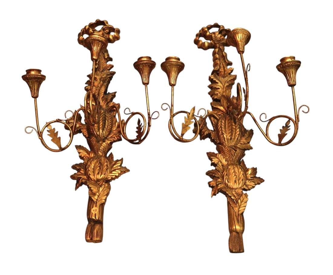 Pair of wooden carved 3 burner candelabra sconces: Pair of wooden carved 3 burner candelabra sconces in copper and gold finish, structurally sound. Ea. 35"h x 18" w x 10"d