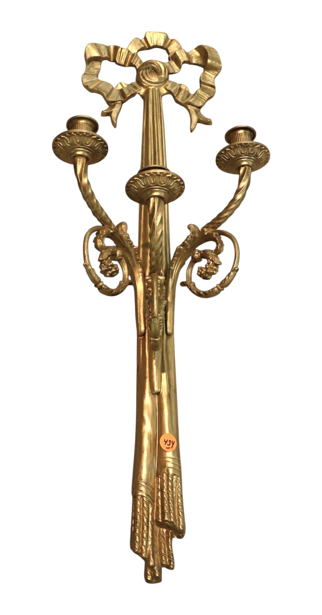 Vintage brass 3 burner wall sconce with ribbon top (1 of 5)