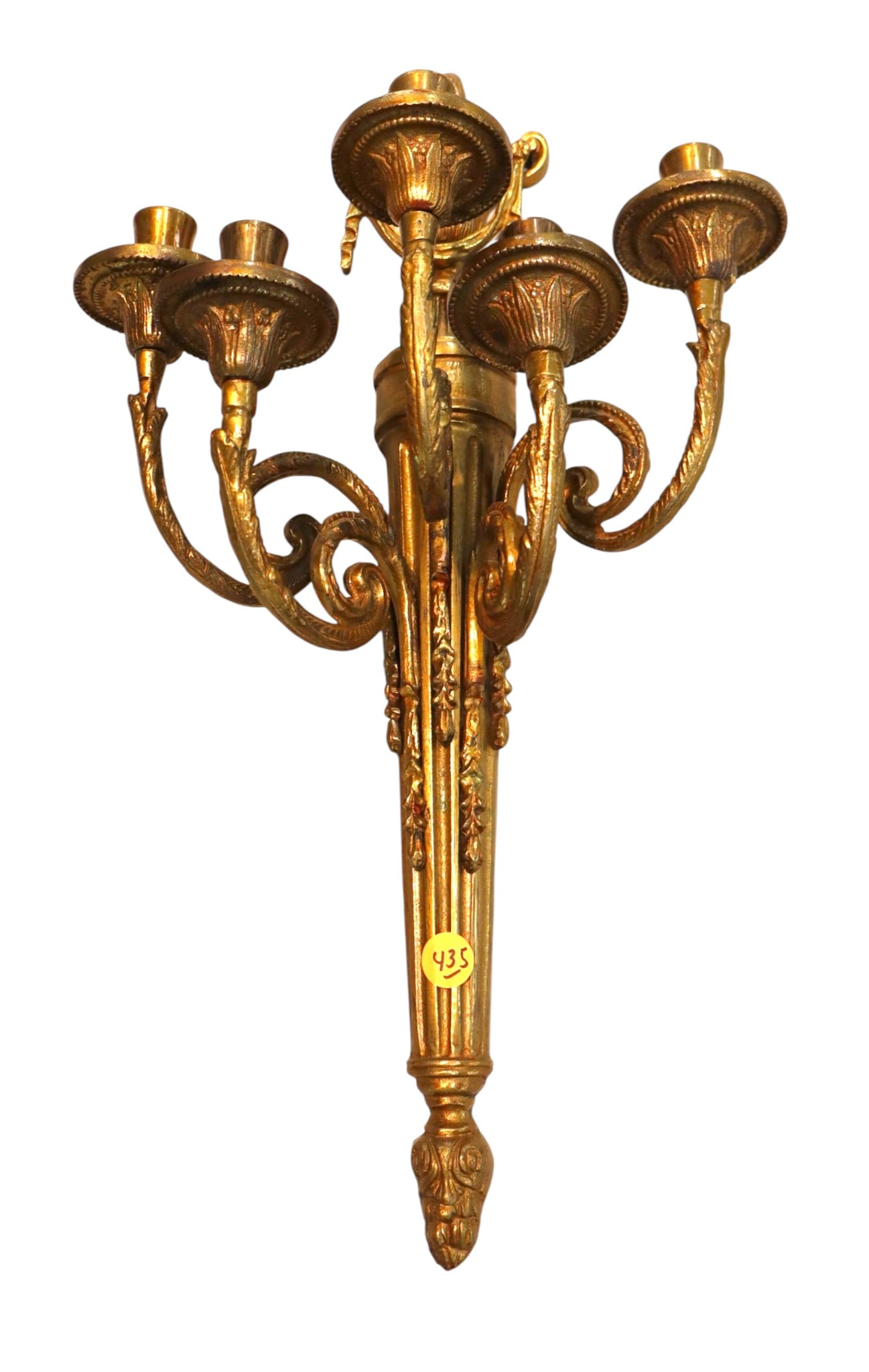 Brass 5 burner wall candelabra made in Italy: Brass 5 burner wall candelabra made in Italy, structurally sound. 19.5"h x 11"w x 6"d