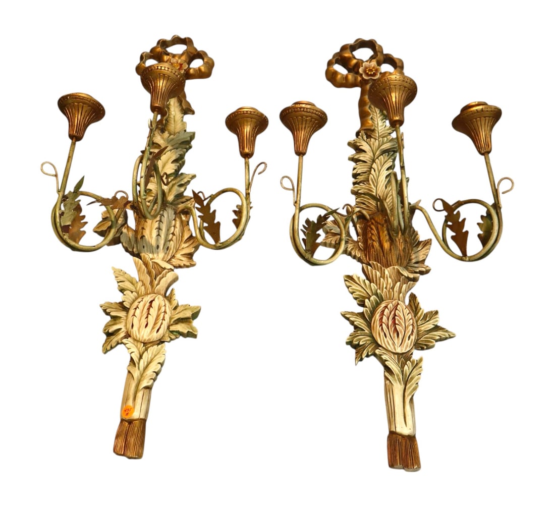 Pair Vtg Italian 3 burner wood wall sconces: Pair Vintage Italian 3 burner wall sconces wood with distress painted finish. 35"l x 15"w x 9.5"d